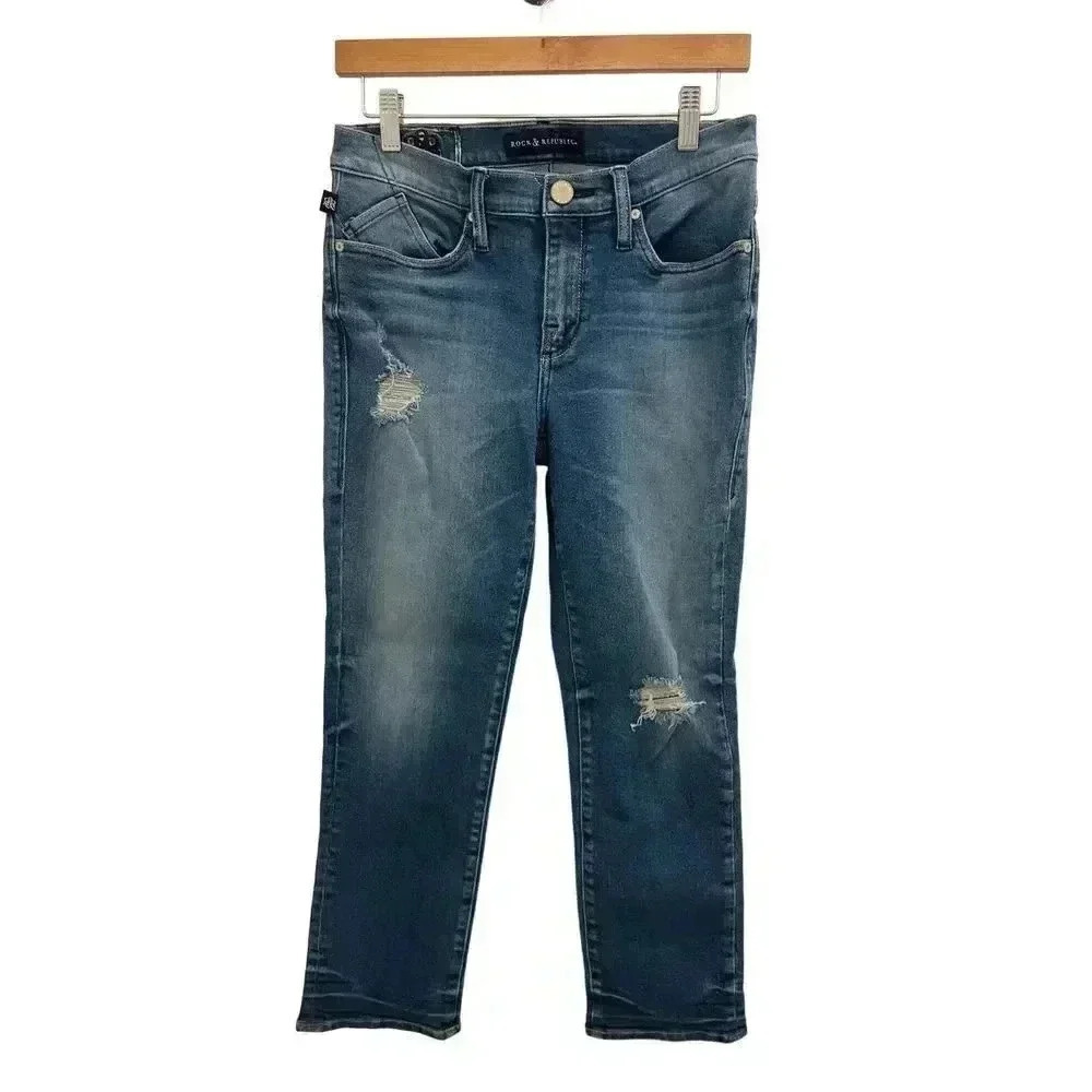 Rock & Republic Distressed Straight Leg Jeans Size 6 Stretch Denim